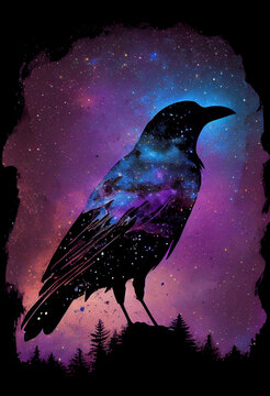 Raven made of the night sky; galaxy night sky raven silhouette design, cosmic jeweltone colors literary mystical, witchy vibe with nods to Odin and Edgar Allan Poe (generative AI, AI)