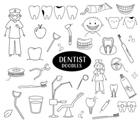 Set of dental doodle illustrations. Funny doctor sketches, toothbrush and toothpaste, tooth and dental floss.