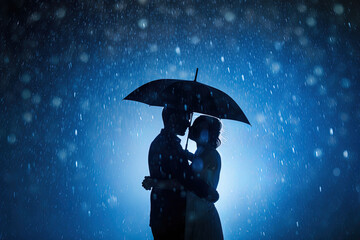 Silhouette a couple standing under an umbrella in the rain - obrazy, fototapety, plakaty