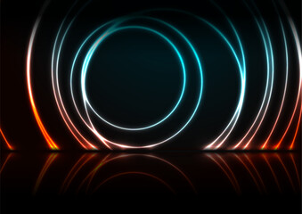 Orange blue neon circles abstract technology background. Futuristic glowing vector design