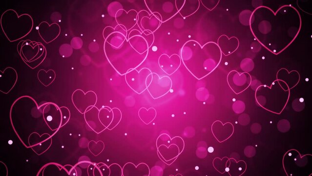 Heart, emoji and floating on neon background of animation for love, valentines day or graphic pattern. Geometric hearts or loving icons falling for romance, dating or glowing shapes with pink effect