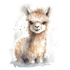 Alpaca (Peru animal) illustration, watercolor style drawing, fun cartoon (generative ai)