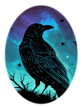 Raven made of the night sky; galaxy night sky raven silhouette design, cosmic jeweltone colors literary mystical, witchy vibe nods to Odin and Edgar Allan Poe; transparent layer (generative AI, AI)