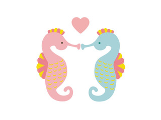 かわいいキスをするタツノオトシゴとハートのイラスト © 遥 日浅