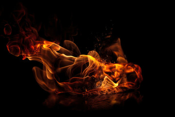 Fototapeta premium Dark and fiery flames burning on a black background, creating a texture of heat and intensity. Abstract background with a powerful flame effect. AI Generative.