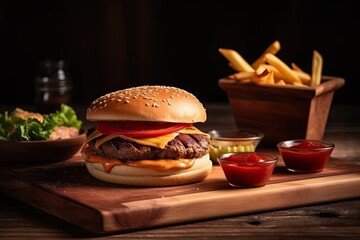 Cheese burger - American cheese burger with Golden French fries on wooden background