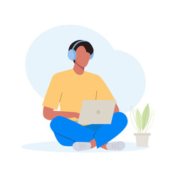 Man student in the headphones studying with laptop. Online distance education concept. E-learning