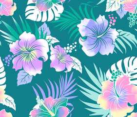 Fototapeta na wymiar Tropical vintage hibiscus floral green leaves seamless pattern green background. Exotic wallpapers. artwork for fabrics, souvenirs, packaging, greeting cards and scrapbooking
