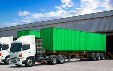 Semi Trailer Trucks on The Parking Lot. Trucks Loading at Dock Warehouse. Shipping Cargo Container Delivery Trucks. Distribution Warehouse, Freight Trucks Logistic, Cargo Transport.