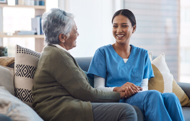 Healthcare, support and a nurse talking to an old woman in a nursing home during a visit or checkup. Medical, empathy and a female medicine professional having a conversation with a senior resident - obrazy, fototapety, plakaty