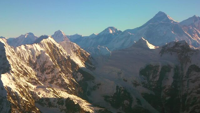 Cinematic scenic flight Mt Everest Lost Himalayas mountain range Nepal Kathmandu Buddha Air sunrise on tallest mountain peaks in the world National Geographic seven wonders of nature from the air