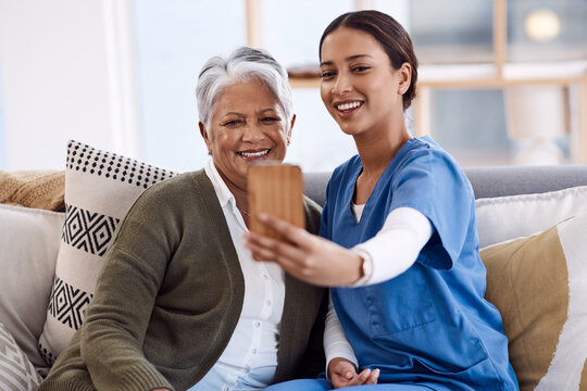 Nurse, selfie and old woman in nursing home with smile or happiness for profile pictures or retirement. Women, photography or happy caregiver relaxing or smiling with elderly person for wellness