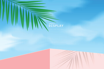 Pink 3d wall podium with green palm leaf branch and shadow. Blue sky and clouds background. Scene for show product or cosmetic. 3d building shape realistic design. 3d vector render geometric form.