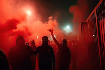 Football fans with red smoke torches. AI generative - 603905578