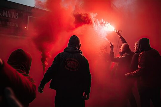 Football fans with red smoke torches. AI generative