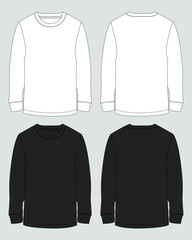 Long sleeve Black and white color t shirt technical drawing vector illustration template front and back views
