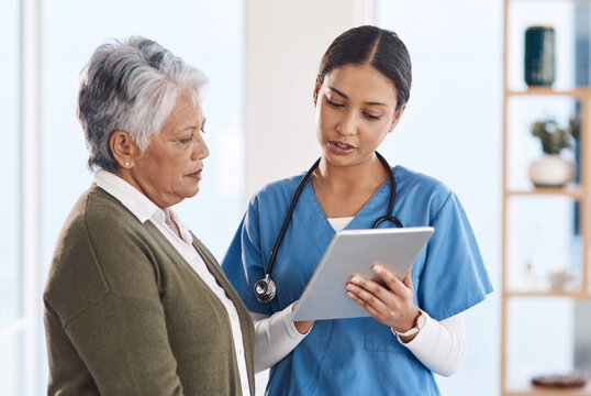 Healthcare, senior woman or doctor with tablet, patient or conversation with connection. Female person, employee or medical professional with mature lady, telehealth or support with diagnosis