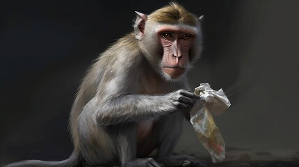 Long tailed macaque monkey is eating plastic bag. Generative AI