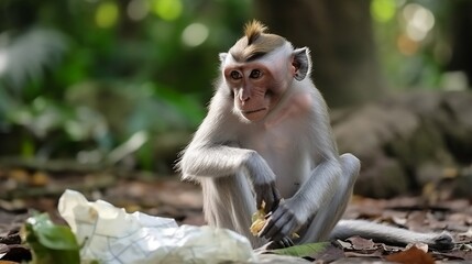 Long tailed macaque monkey is eating plastic bag. Generative AI