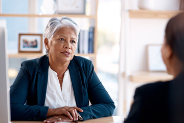 Meeting, discussion or senior manager in job interview with businesswoman talking in b2b...