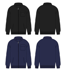 Black and navy color Sweatshirt jacket vector illustration template front and back views