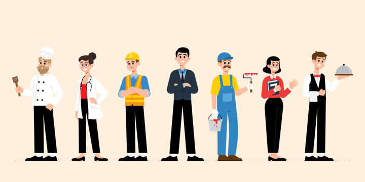 set of vector illustrations men and women workers from different professions wearing professional uniforms.happy labor day concept.