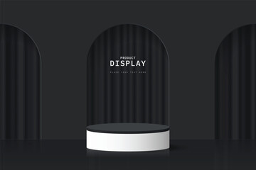 White black 3d cylinder podium pedestal realistic placed in front of three arch door and curtain background. Minimal scene for mockup or product presentation, 3d vector geometric form design.