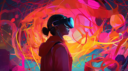 Girl wear Augmented reality Headset. Girl experiencing Digital Landscape using Virtual Reality. Ai Generative.