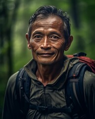 Obraz premium Middle Aged Man Hiker with Backpack, Hiking Photorealistic Portrait Illustration [Generative AI]