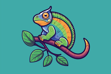 Cute cartoon chameleon on a branch. Vector illustration.