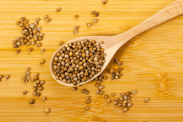 Close up of dried coriander seed aromatic spice ingredients asia food.