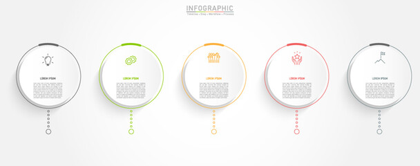 5 Business option infographic template. Minimal circle step workflow number icon presentations. Timeline diagram object vector.