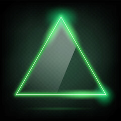 Triangle frame transparent glass effect. Abstract green light neon border shape. Futuristic screen glowing vector background.