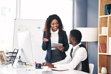 Telemarketing , black people talking and with computer at desk in their office at work with...