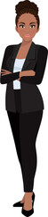 Black businesswoman or American African female character crossed arms pose in black suit cartoon character