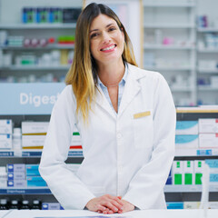 Pharmacy service, pharmacist portrait and happy woman in drugs store, pharmaceutical supplements or...