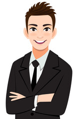 Businessman or male character crossed arms pose in black suit half body cartoon character