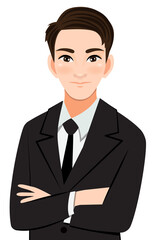 Businessman or male character crossed arms pose in black suit half body cartoon character