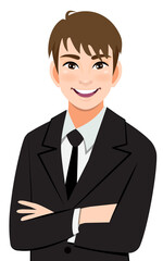 Businessman or male character crossed arms pose in black suit half body cartoon character
