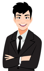 Businessman or male character crossed arms pose in black suit half body cartoon character
