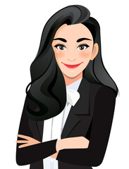 Businesswoman or female character crossed arms pose in black suit half body cartoon character