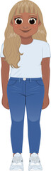 Cartoon character American African girl in white shirt and blue jeans smiling