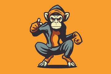 Cartoon chimpanzee with thumbs up isolated on orange background. Vector illustration.