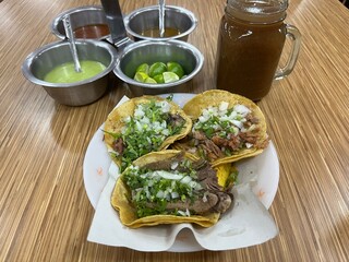 Tacos in Mexico City (Suadero, Cachete, Lengua, Pastor), Tamarind juice