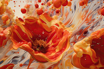 close up of red and orange poppies flowers made of paint emulsion, generative ai illustration