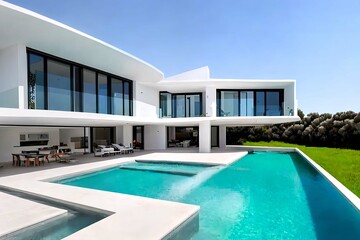 Fototapeta premium Luxury house with pool and garden with outdoor furniture