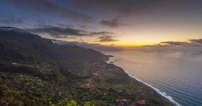 View from Miradouro da Beira da Quinta on Arco de Sao Jorge, evening landscape of the city in Madeira island