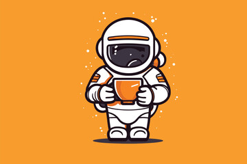 Astronaut holding a cup of coffee. Cute cartoon vector illustration.