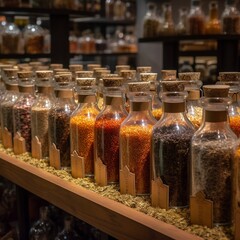 All sort on Indian Spices, in a JARS, ready to sale on a Shop, AI Generative.