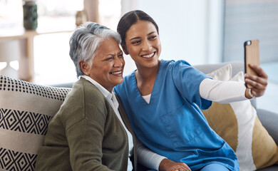 Nurse, selfie or happy old woman in nursing home with smile or happiness for profile pictures or retirement. Women, photography or caregiver relaxing or smiling with elderly patient for social media